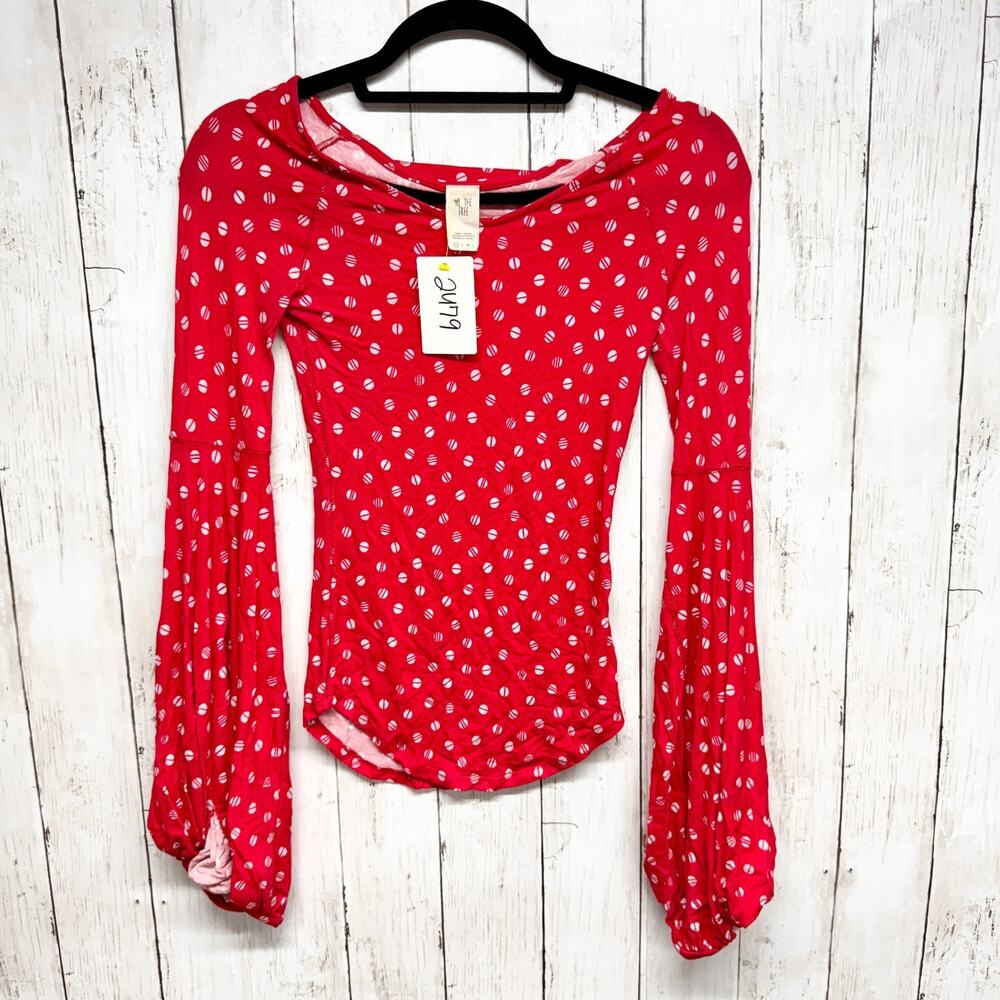 We‎ The Free Top Women Size XS Red Dot Print Boat Neck Puffed Long Sleeve Blouse